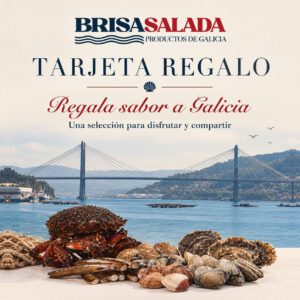 Tarjeta regalo de Brisa Salada con el lema Regala sabor a Galicia, el puente de Rande y marisco gallego