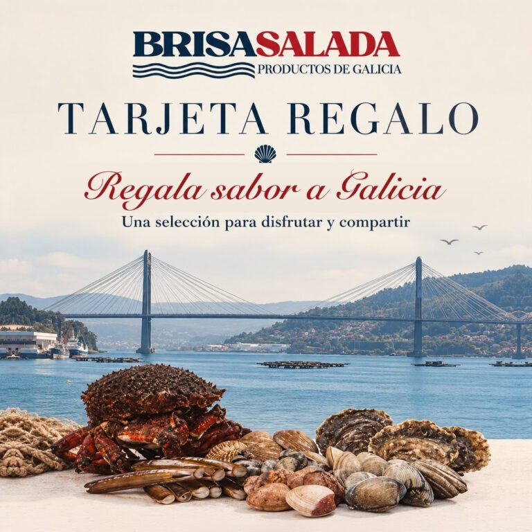 Tarjeta regalo de Brisa Salada con el lema Regala sabor a Galicia, el puente de Rande y marisco gallego