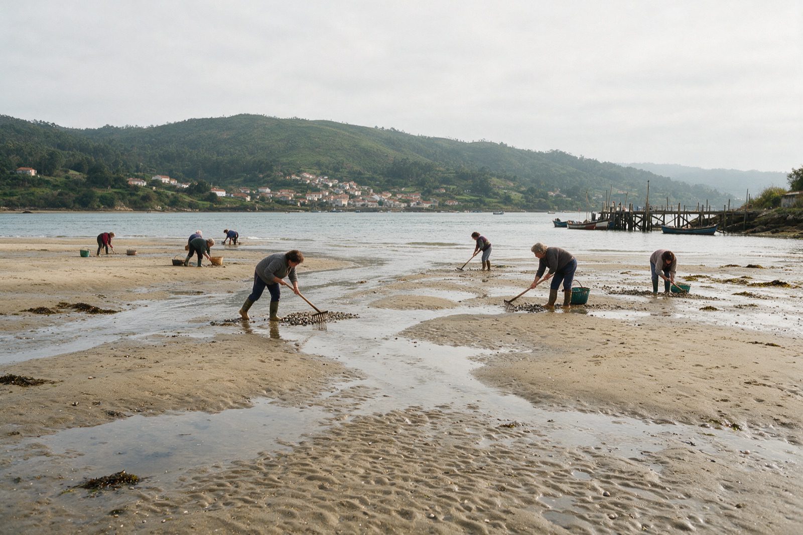 Mariscadoras sacando almejas con marea baja en una ría gallega, marisco de temporada en otoño