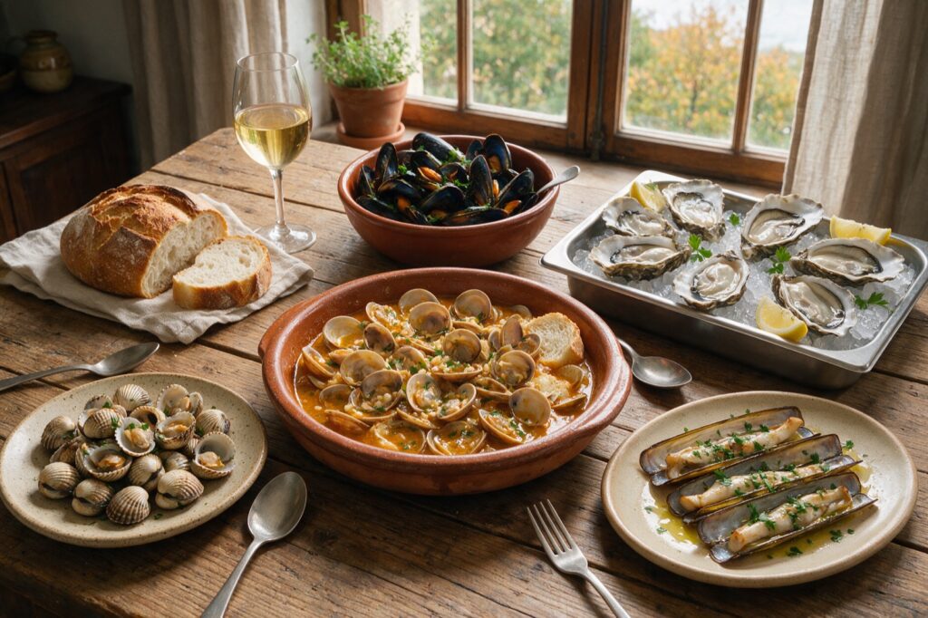 Mesa con almejas a la marinera, berberechos, mejillones, ostras y navajas, marisco de temporada en otoño